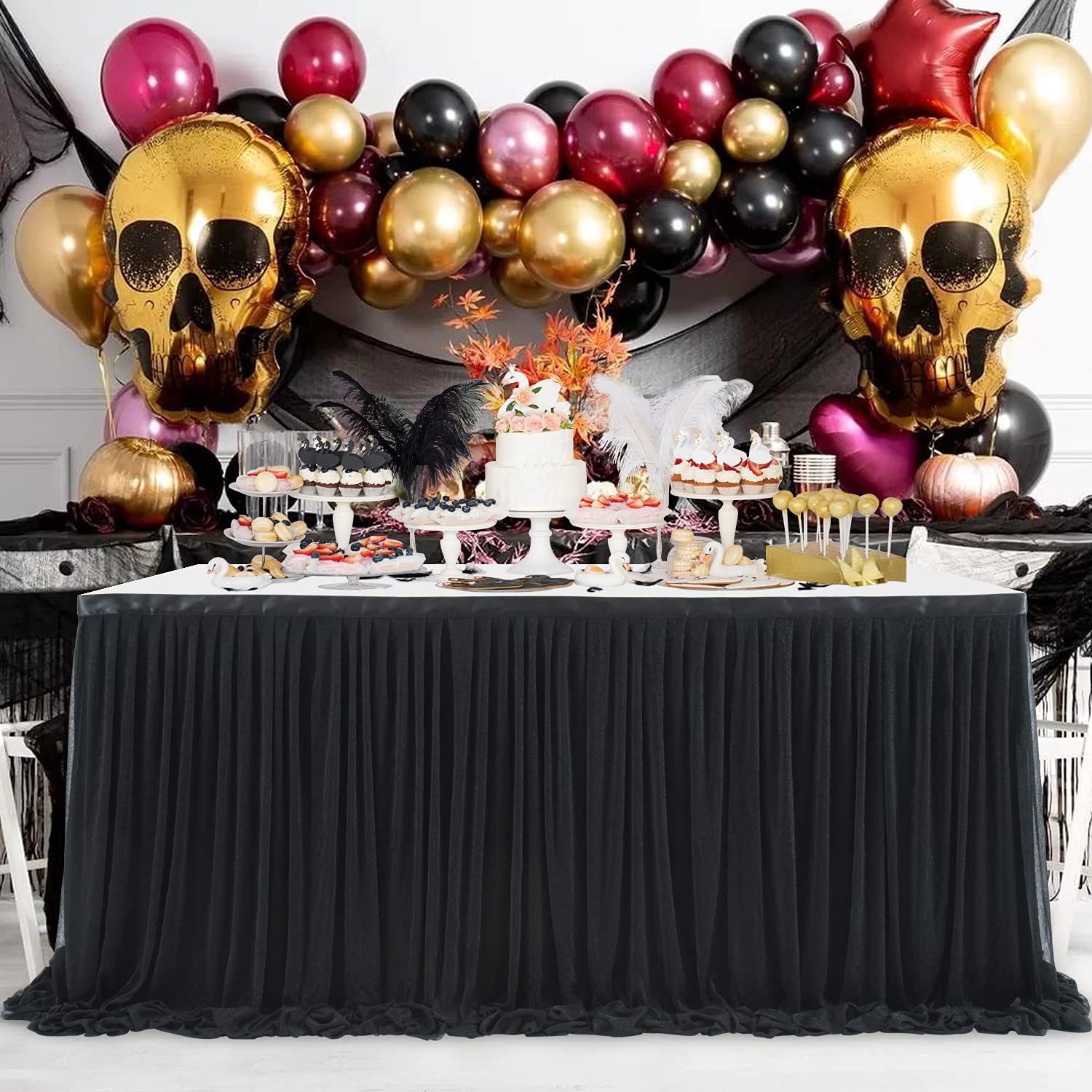 Suppromo 9Ft Black Tulle Table Skirt For Rectangle Table Or Round Table Tutu Table Skirt For Birthday Party Baby Shower Wedding